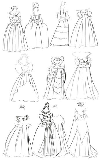 Gown idea sketches, informed by historical fashions, before I settled on the one I picked.