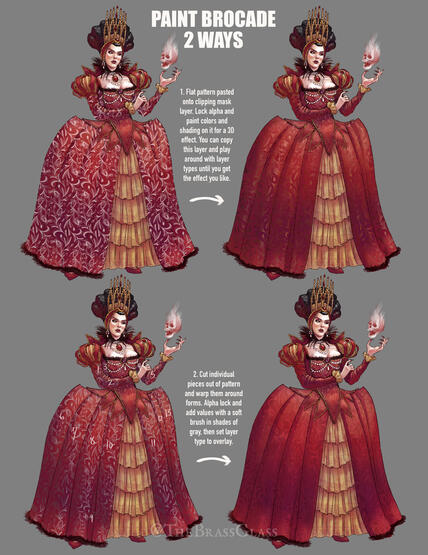 I experimented with two different ways to add brocade to the gown, and ultimately went with the first.