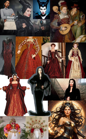 My mood board of visual research for &quot;The Red Queen.&quot; I liked the almost innocent creepy vibes of Morticia Addams, pointy facial features, and the luxurious layers of historical fashion.