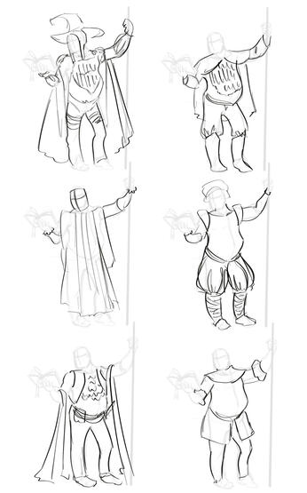 Sketches of outfit ideas for the wizard. I picked elements from several of these for the final.