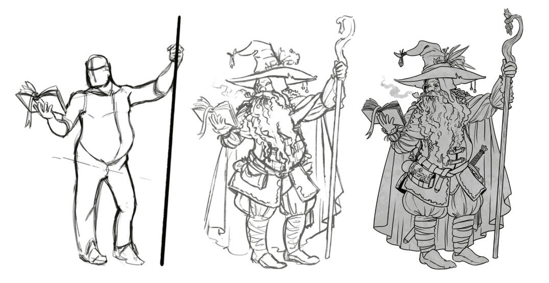 Basic pose sketch to finished sketch for the wizard.