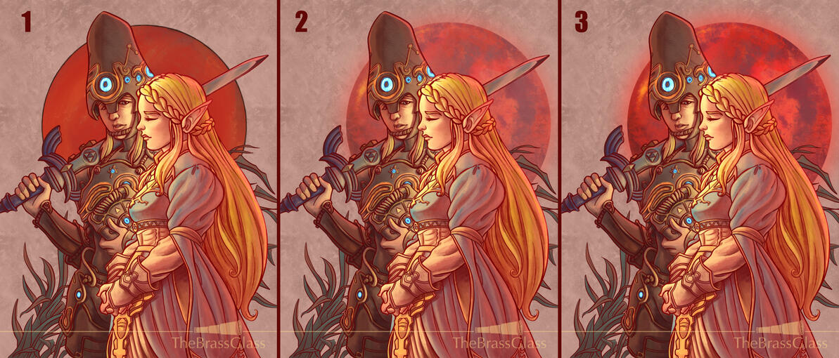 I experimented to see how the blood moon would look best. In the end, I went with the flat graphic style of Leyendecker&#39;s piece, as I thought it better kept the characters as the focal point.