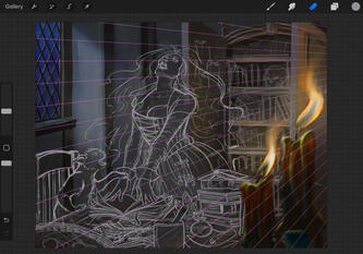 Early draft with perspective lines; I later chose to blow out the candles to not distract from the focal point, turned the cat's head more toward her and made everything in the middle ground bigger.