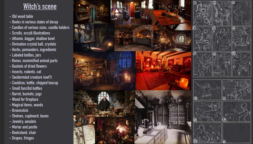 Left, my list of items for the scene; center, visual research; right, thumbnail sketches.