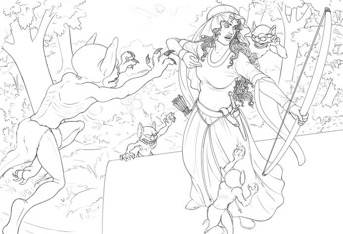 Semi-final sketch; I simplified the background to keep the characters as the focal point, and the author asked me to soften the woman's facial features for the painting.