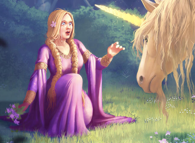 Detail of maiden and unicorn's head.