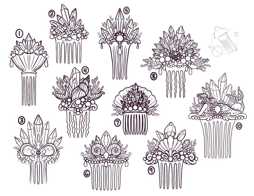 Sketches for cursed mermaid comb. The client asked me to merge designs 8 & 9, so I did.